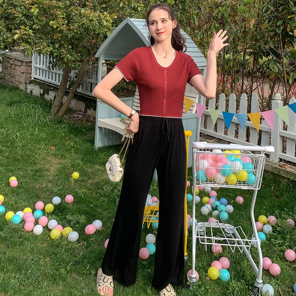 Xiaozhainv Áo thun tay ngắn ôm dáng cổ chữ V thanh lịch