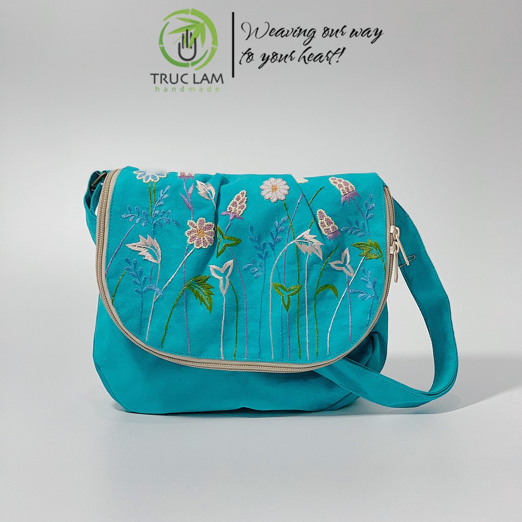 Túi Đeo Chéo Thời Trang Nữ Vải Da Lộn Thêu Tay Họa Tiết Cành Hoa (A) - Trúc Lâm Handmade