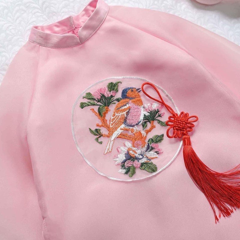 Áo dài organza bé gái màu hồng