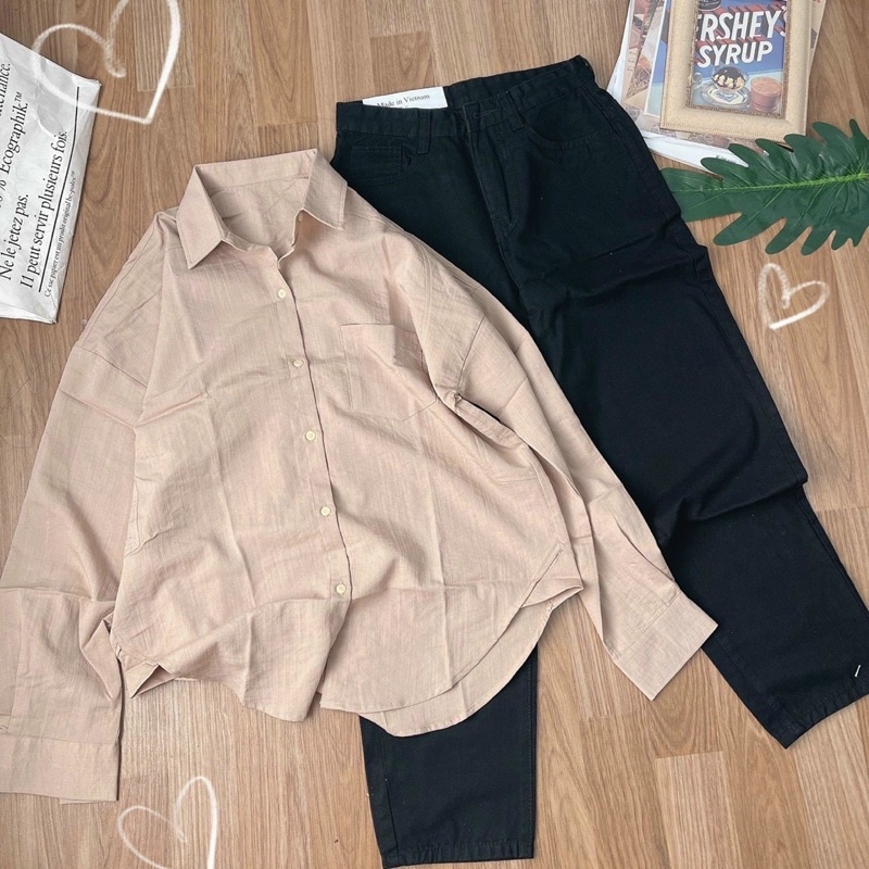 Set sơ mi xanh + quần baggy trắng