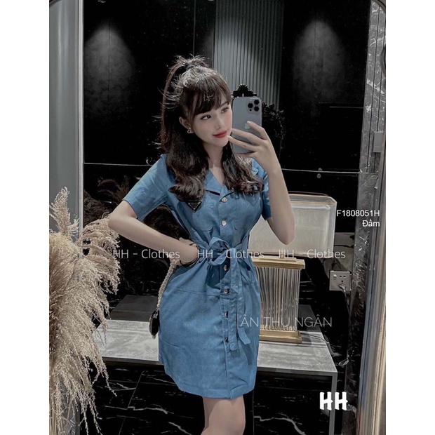 Đầm jeans cổ vest cột eo