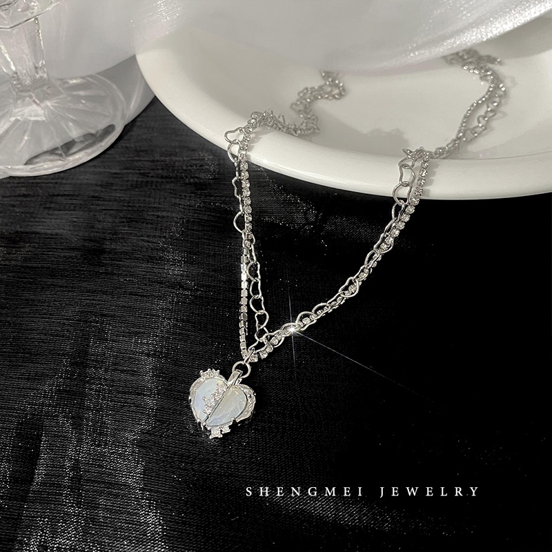 Vòng cổ 17KM hai lớp mạ bạc mặt trái tim đính ngọc trai thời trang