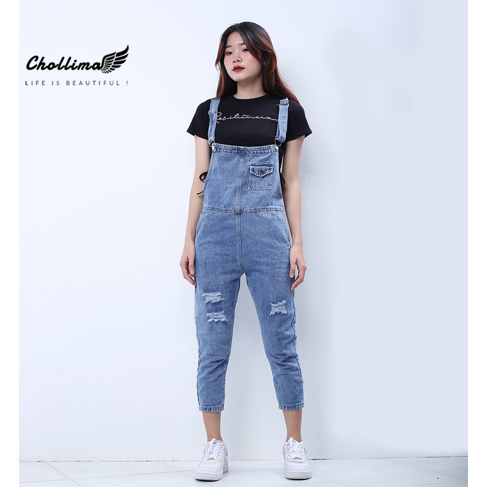 [Mã WABRLOW5 giảm 15% đơn 300K] Quần yếm jean dài nữ Chollima túi đồng hồ rách gối YJ005