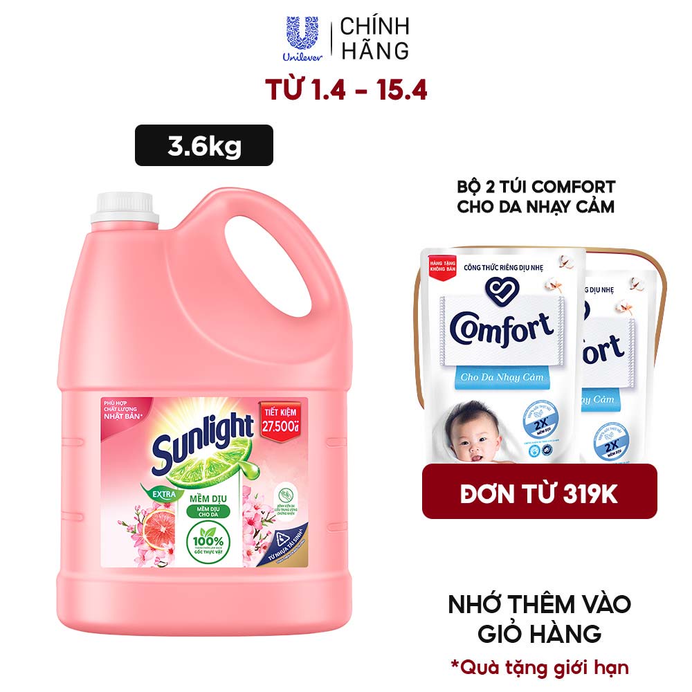 Nước Rửa Chén Bát Sunlight Mềm Dịu Da Tay Hương Bưởi &amp; Hoa Anh Đào 3.6kg