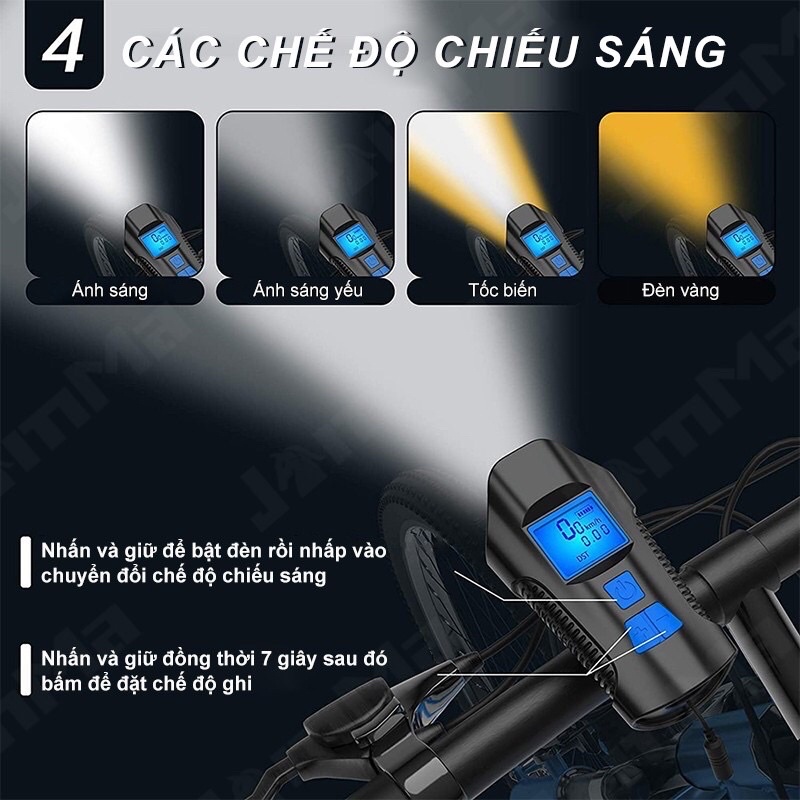 Đèn Xe Đạp Có Còi 6 Chế Độ Kiêm Đồng Hồ KM Đo Tốc Độ Xe Đạp Pin Sạc 4 Chế Độ Chiếu Sáng Led T6 Và Đèn Tích Hợp Còi