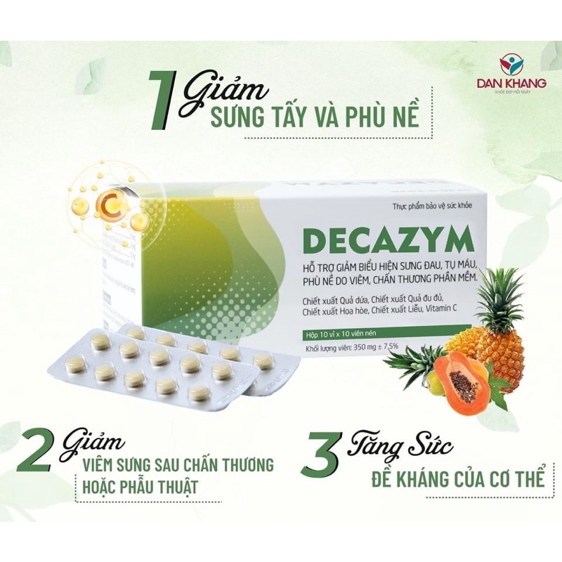 Viên uống hỗ trợ giảm viêm, sưng, chấn thương phần mềm Decazym Hộp 10 vỉ x 10 viên