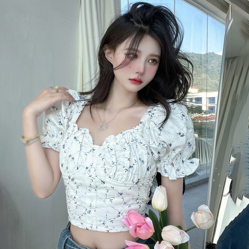 Áo Crop Top Tay Ngắn Phồng Cổ Vuông Hở Rốn In Họa Tiết Hoa Phong Cách Hàn Quốc Cho Nữ
