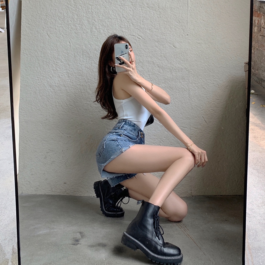 DUNEA Quần Short Denim Lưng Cao Phối Túi Cá Tính Dành Cho Nữ