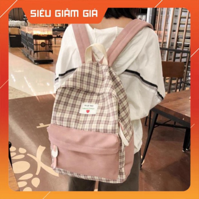 Balo phong cách ulzzang vải phối da lộn đựng laptop, A4 caro Yi Le Tao Leisure Colle
