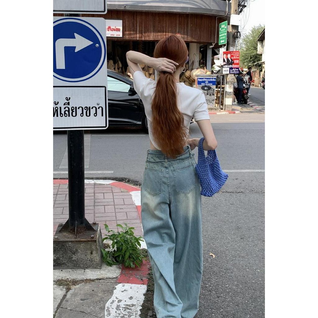 62667 Quần Denim Ống Rộng Dây Rút Màu Sắc Tươi Sáng Mùa Hè Miễn Phí 2 Dây