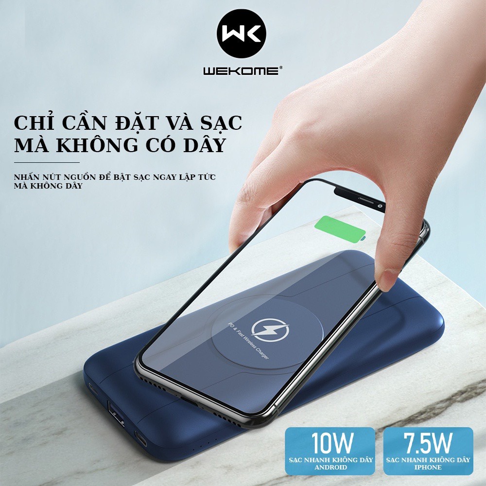 Pin sạc dự phòng không dây 10000mAh Wekome WP133 tích hợp sạc nhanh đầu ra kép