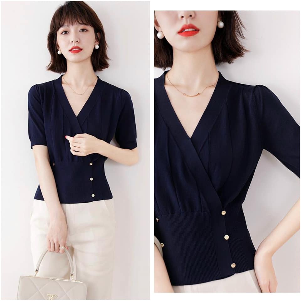 Áo len cổ V ngắn tay màu xanh navy freesize- 83A02