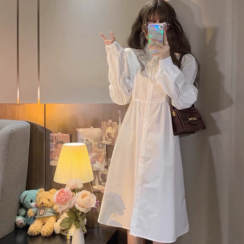 Váy sơ mi trắng dáng dài tay bồng