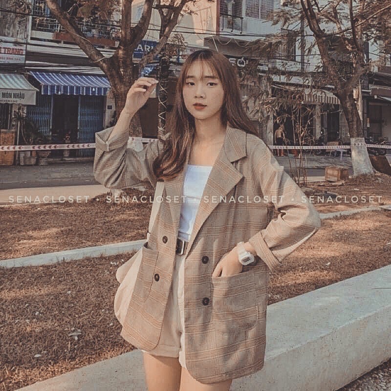 ÁO BLAZER KẺ 1 LỚP NÂU BE QC STYLE ULZZANG HQ (Ảnh thật) | BigBuy360 - bigbuy360.vn