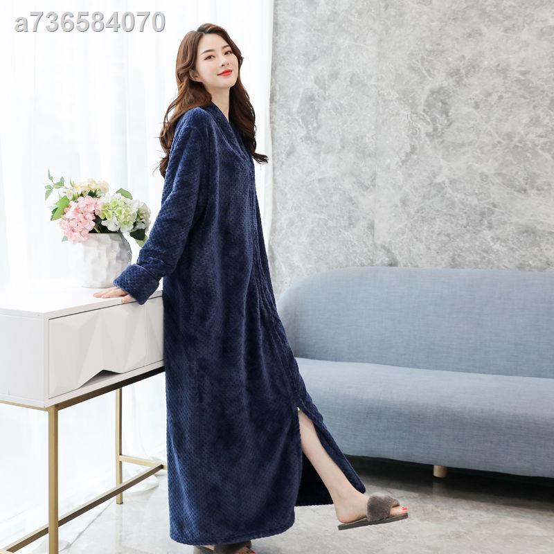 Oyster☎Áo choàng tắm dáng dài phối khóa kéo bằng vải Flannel thời trang mùa thu đông dành cho nữ | BigBuy360 - bigbuy360.vn
