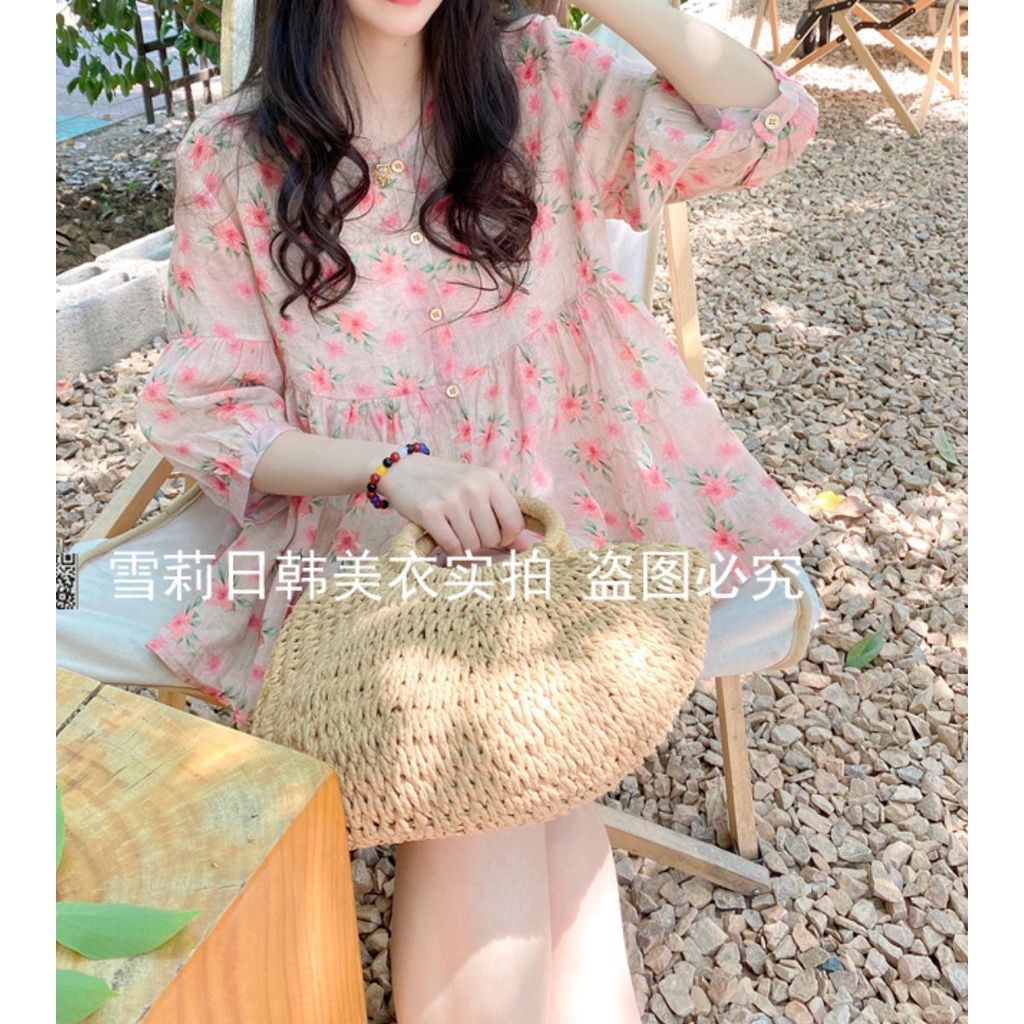 Áo Sơ Mi Tay Lửng Dáng Rộng Họa Tiết Hoa Thời Trang Mùa Hè Hàn Quốc Cho Nữ