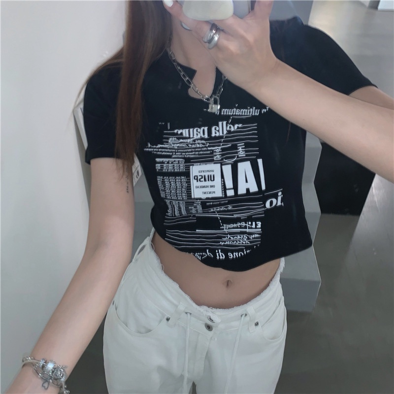 Áo Thun Croptop Tay Ngắn Cổ Chữ V Thiết Kế Mới Thời Trang Mùa Hè Theo Phong Cách Hàn Quốc Cho Nữ