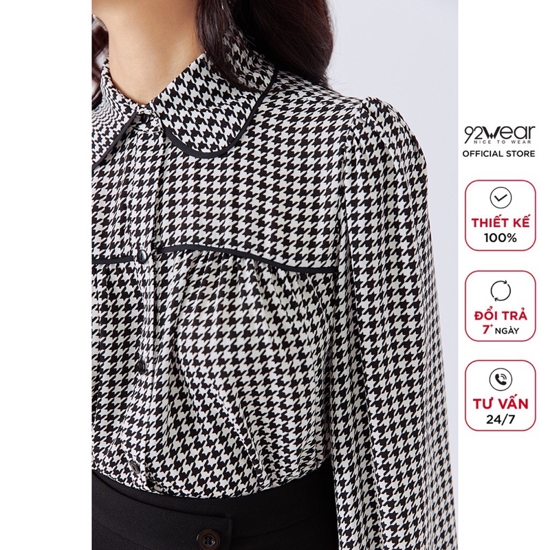 Áo sơ mi nữ họa tiết nanh sói houndstooth 92WEAR công sở dài tay thanh lịch vải voan ASA1775