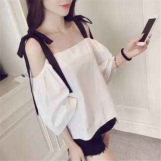 Xj-xj-áo Thun Tay Dài Hở Vai Dáng Rộng Màu Tương Phản Phong Cách Hàn Quốc