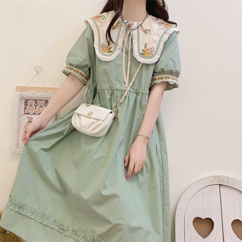 Đầm Nữ Tay Ngắn Thêu Hoa Thời Trang Thanh Lịch