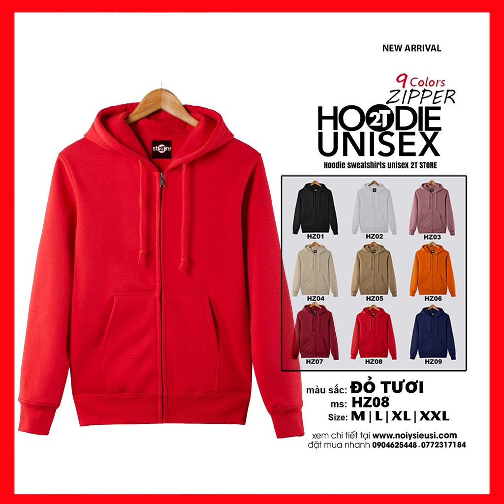 Áo hoodie zipper unisex 2T Store HZ08 màu đỏ tươi - Áo khoác nỉ dây kéo nón 2 lớp dày dặn chất lượng đẹp