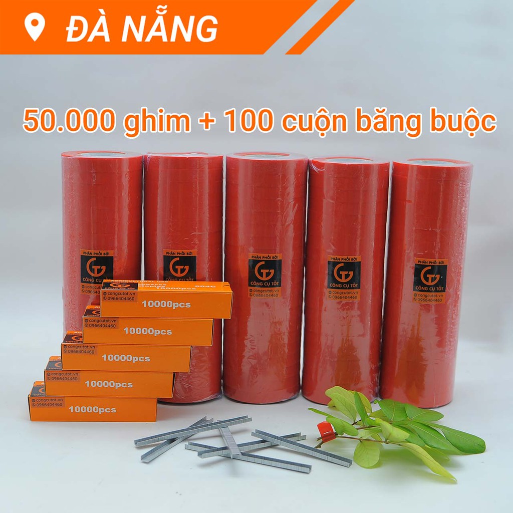 Combo 100 cuộn băng buộc cành kèm 5 hộp ghim 604C 50000 ghim