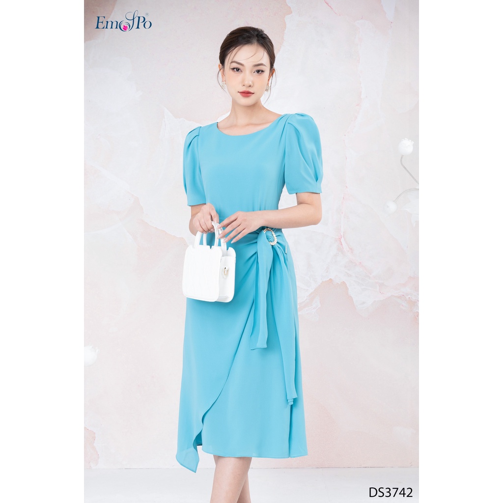 Đầm cổ tròn, tay phồng, phối tà lệch Emspo DS3742 (Đen, Xanh)