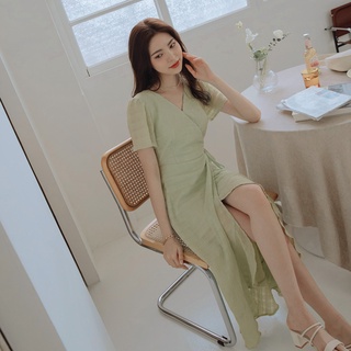 Váy dài cổ V bèo sen thắt nơ eo nữ Air Space Lady 2211824019