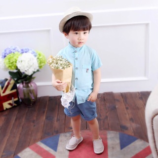 S157 - Set sơ mi quần ngố vải thô mát sành điệu - Quần áo bé trai