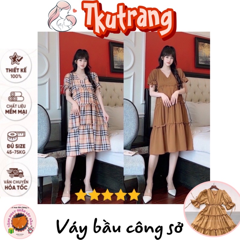 Váy bầu cao cấp mặc đi làm, đi chơi điều đượcchất kẻ Hàn siêu đẹpthiết kế tay bồng sang chảnhfree size 43~68kg