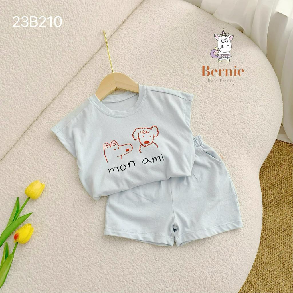 Bộ cotton ba lỗ cánh rơi unisex cho bé, bộ thun trơn màu in hoạ tiết cute dễ thương Bernie