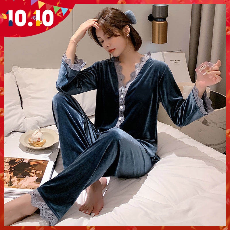 Bộ đồ ngủ vải nhung vàng ấm áp thời trang xuân thu hàng mới cao cấp quyến rũ cho nữ