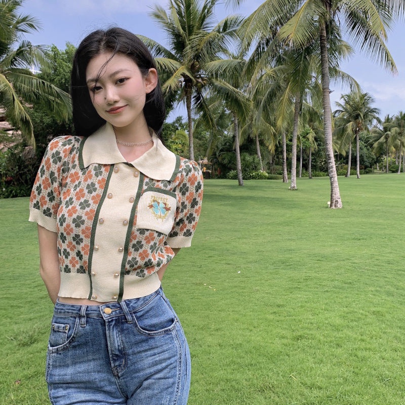 Áo Thun POLO Ngắn Tay Thêu Họa Tiết Cỏ Bốn Lá Thời Trang Cho Nữ  tao bao