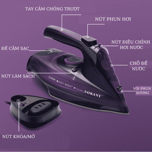 Bàn ủi bàn là hơi nước không dây SOKANY AJ-2085 (2400W) - Hàng chính hãng bảo hành 2 năm.
