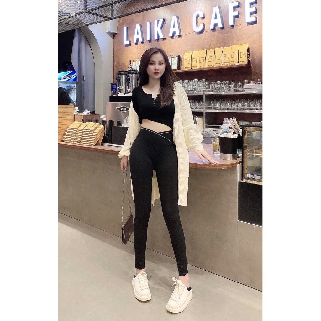 Quần Legging Cạp Chéo Viền Nữ  ⚡ Casper.Store | FREESHIP | ⚡ Skinny dài body dáng ôm màu đen trơn basic