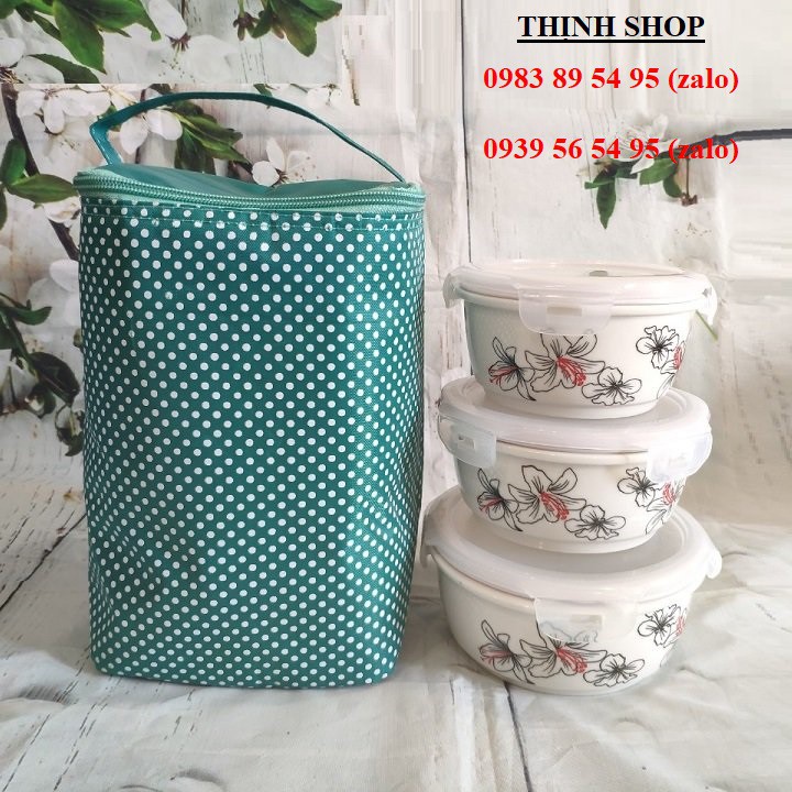 bộ 3 thố sứ kèm túi giữ nhiệt - hộp cơm trưa