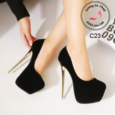 Giày cao gót 16cm chất nhung gót vàng đen đỏ ms C23