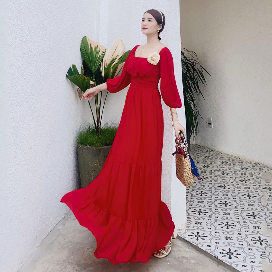 Đầm maxi trơn MIMIX váy tay dài xếp ly ngực sang trọng đi du lịch BE7190 | BigBuy360 - bigbuy360.vn