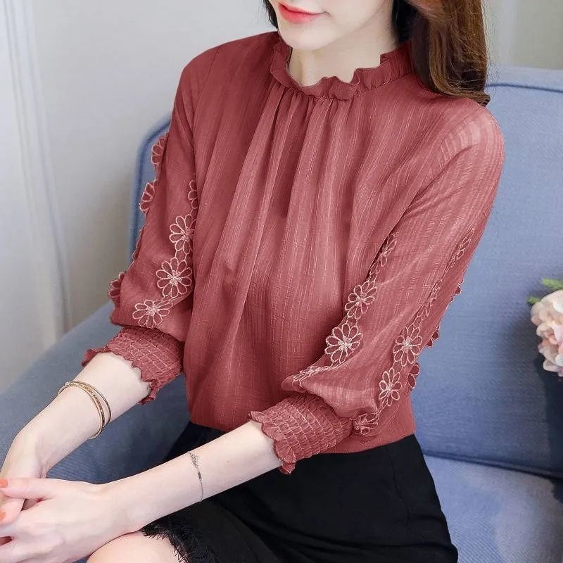 Áo Sơ Mi Chiffon Tay Lửng Phối Ren Phong Cách Phương Tây Thời Trang Mùa Thu Mới Dành Cho Nữ