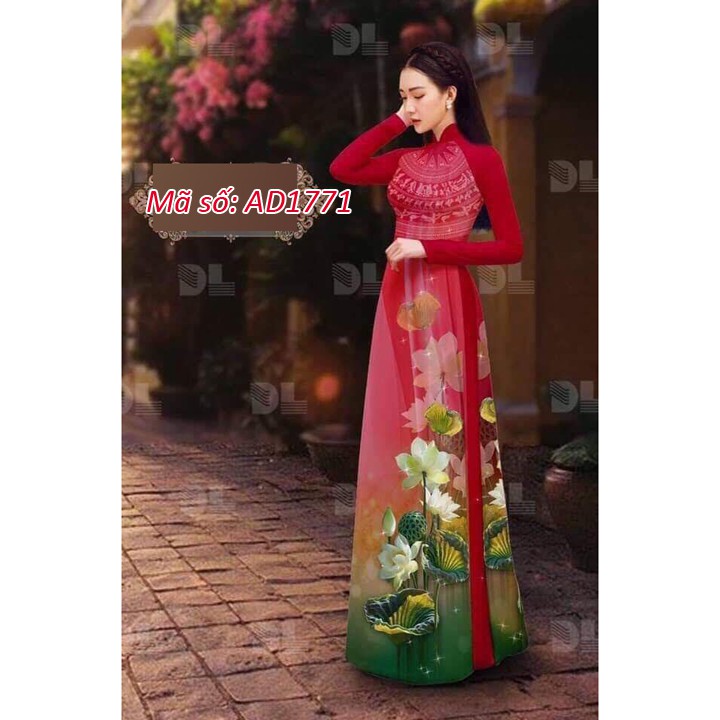 ⚡️ có big size 5XL ⚡️ AD1764 SET ÁO DÀI TRUYỀN THỐNG LỤA IN 3D HOA SEN TRẮNG KÈM QUẦN