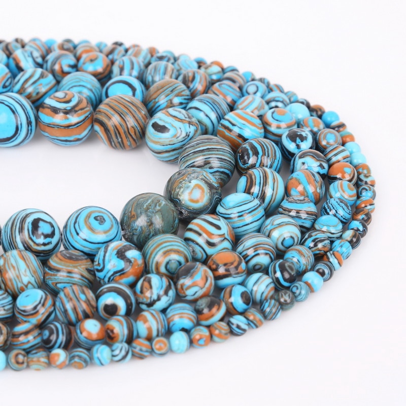 Chuỗi hạt đá Malachite tròn màu xanh lam ren 4 6 8 10 12 MM dài 15&quot; làm trang sức tùy chọn