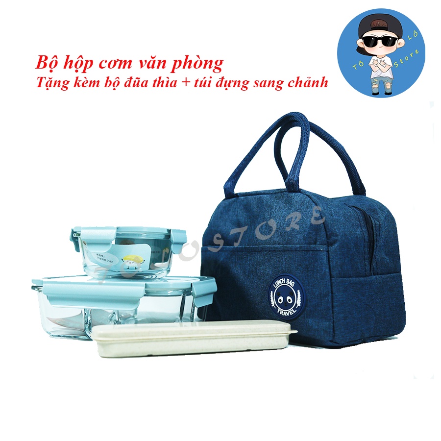 Combo hộp đựng đồ ăn, hộp đựng cơm thủy tinh giữ nhiệt tặng kèm túi đựng và hộp đũa thìa