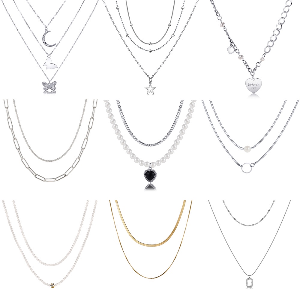 Vòng cổ Nhiều Lớp Màu Vàng/Bạc Mặt Ổ Khóa &amp; Trái Tim Phong Cách Retro Thời Trang ​Trang Sức Phụ Nữ