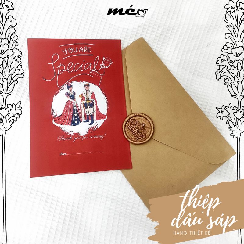 THIỆP dấu sáp hàng thiết kế HOÀNG GIA kèm phong thư Kraft kiểu Vintage làm quà tặng, thư mời hình vua hoàng hậu