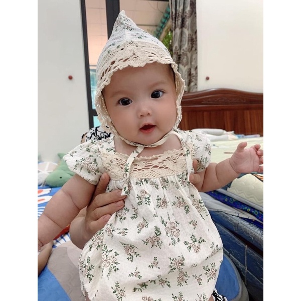 [Vintage Floral] Set đồ liền thân họa tiết hoa nhí cổ điển kèm mũ, romper sơ sinh chất liệu cotton xô bé gái 3-24 tháng