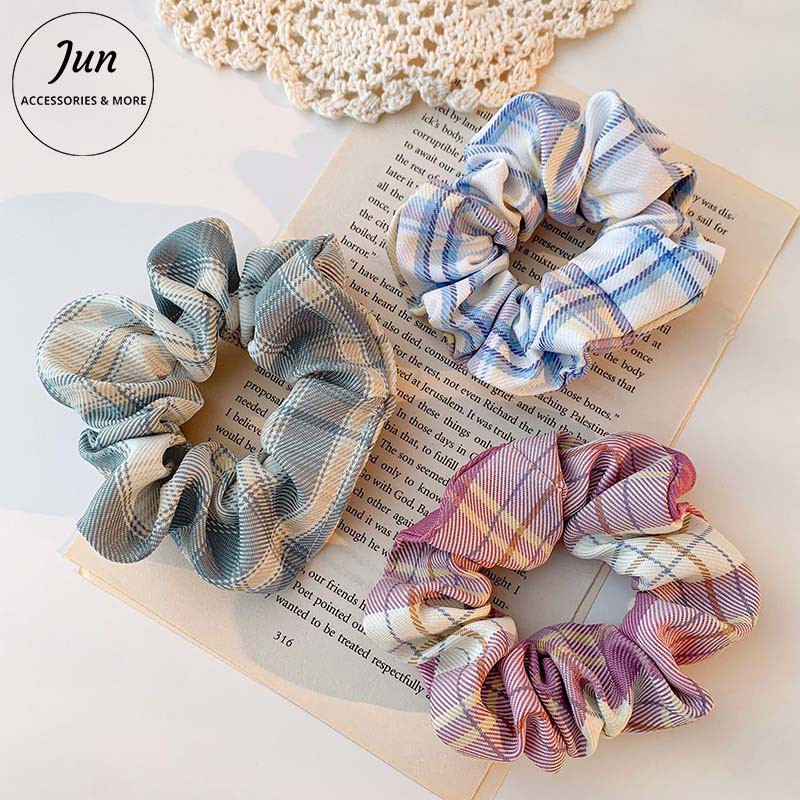 Dây buộc tóc Scrunchies, Họa Tiết Caro Vintage Hàn Quốc, Chun Buộc Tóc Scrunchies Sành Điệu