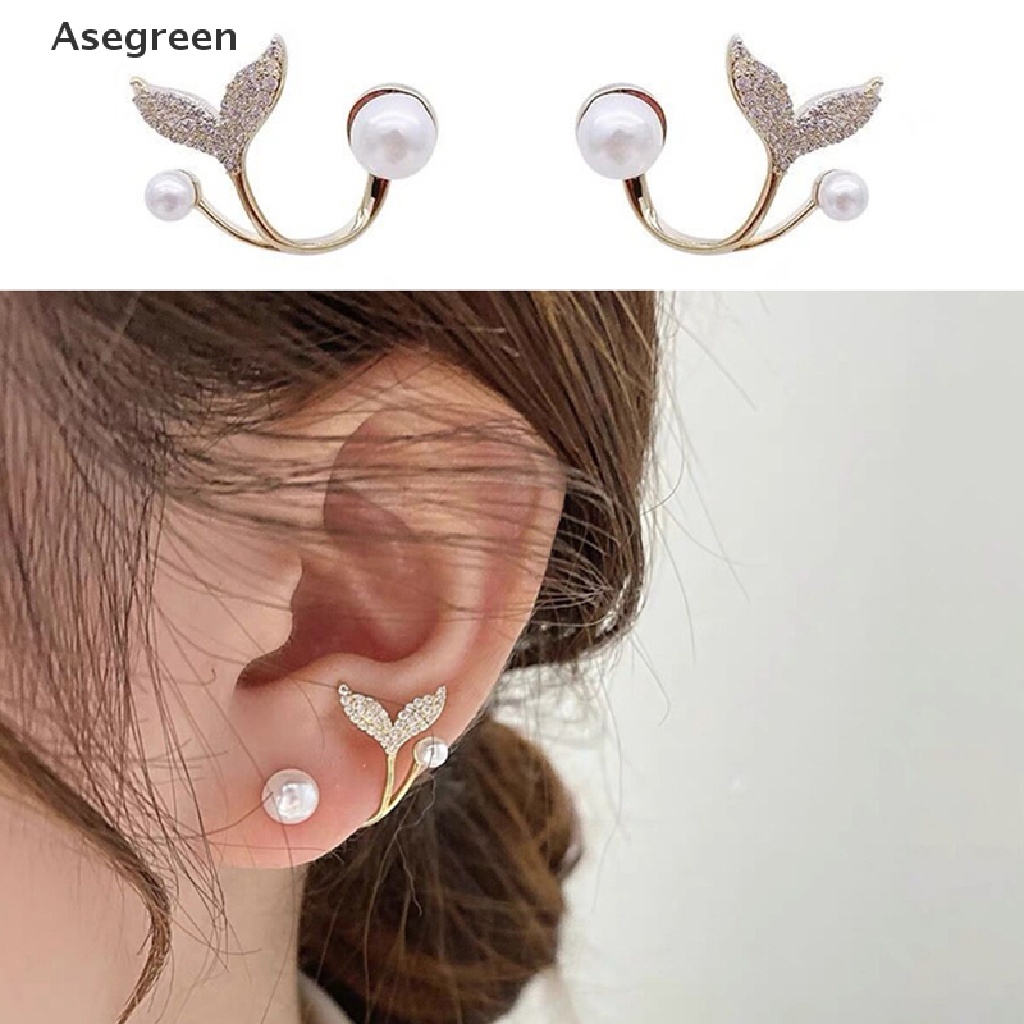 [Asegreen] Bông Tai Đinh Tán Hình Đuôi Cá / Hoa Bằng Kim Loại Đính Ngọc Trai Thời