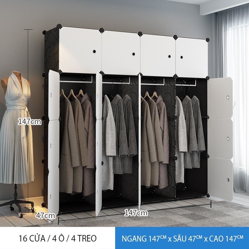 Tủ nhựa ghép MIUMIU 16 Ngăn 4 ô Giày loại sâu 47 cm ( Tặng Móc Treo Hông Tủ)
