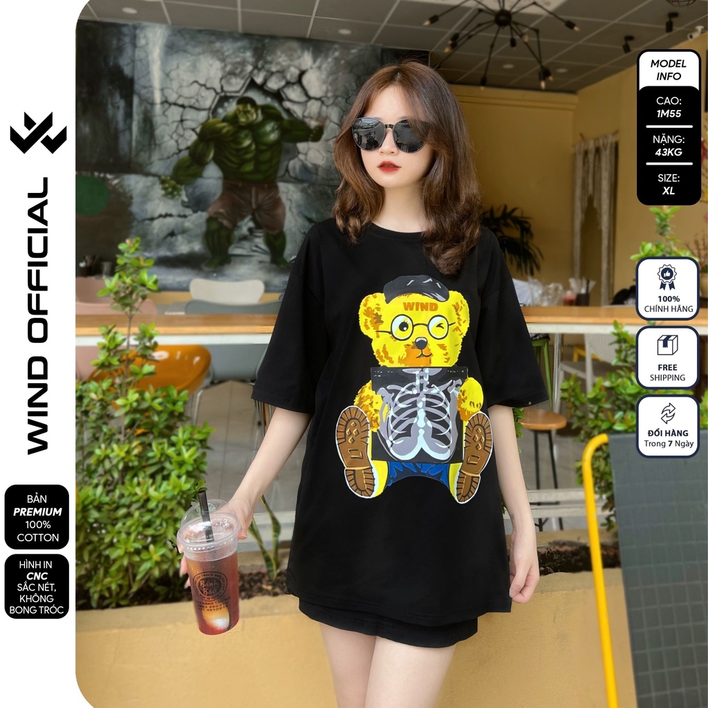 Áo thun tay lỡ form rộng WIND phông unisex 65% Cotton Gấu Vàng nam nữ oversize ulzzang