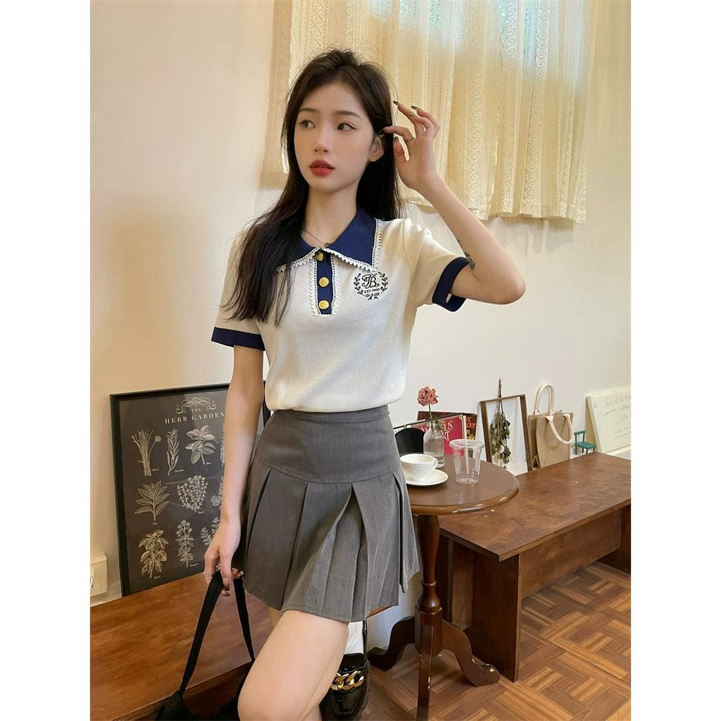 ZHELIHANGFEI Áo polo Dệt Kim Tay Ngắn Thêu Họa Tiết Phong Cách Pháp Thời Trang Cho Nữ